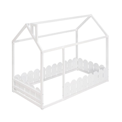 AS24- (Slats are not included) Twin Size Wood Bed House Bed Frame with Fence;  for Kids;  Teens;  Girls;  Boys - Likeshoppe 