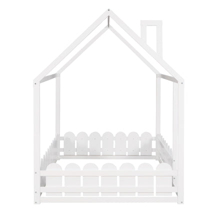 AS21- (Slats are not included) Full Size Wood Bed House Bed Frame with Fence;  for Kids;  Teens;  Girls;  Boys - Likeshoppe 