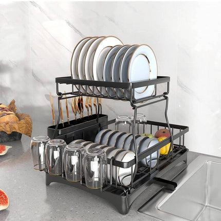 BY5- 2 Tier Dish Rack for Kitchen Counter,Dish Drying Rack with 360°Drainage,Dish Drainboard Set with Cutlery Holder and 4 Cup Holder,Dish drainers Over Sink Drying Rack On Counter - Likeshoppe 