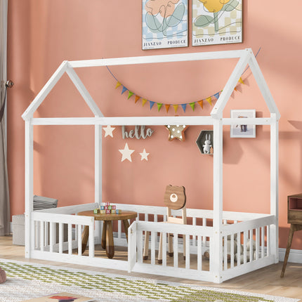 AS13- Twin Size Wood House Bed with Fence and Door - Likeshoppe 