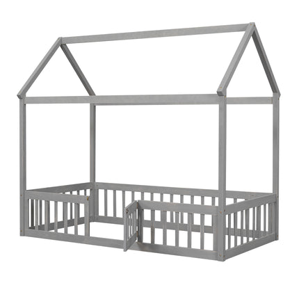 AS13- Twin Size Wood House Bed with Fence and Door - Likeshoppe 