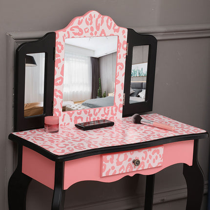 AY5- Kids Gisele Leopard Print Wooden Vanity Set with Tri-Fold Mirror Table and Chair, Pink/Black, - Likeshoppe 