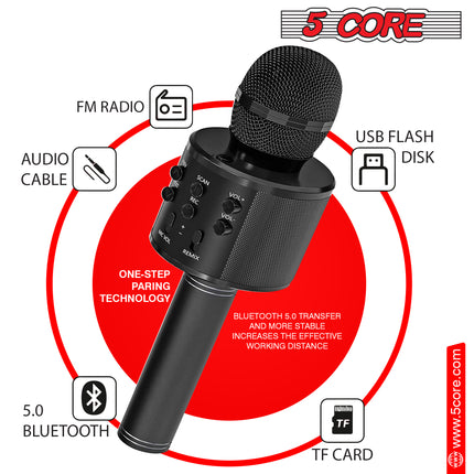 CC20- 5 Core Karaoke Wireless Microphones Bluetooth • w Stereo Mic Speaker • Portable Recording Microfono Inalambrico • SD Card & USB • Gifts Music Toys for Kids and Adults All Age- WM SPK BLK - Likeshoppe 