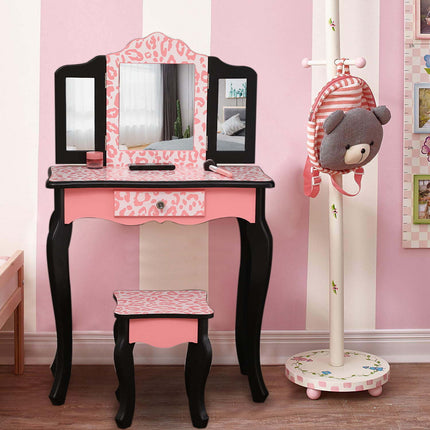 AY2- Kids' Wooden Vanity Table and Stool Set with 3 Mirrors; Princess Makeup Dressing Table; Children's Furniture - Likeshoppe 
