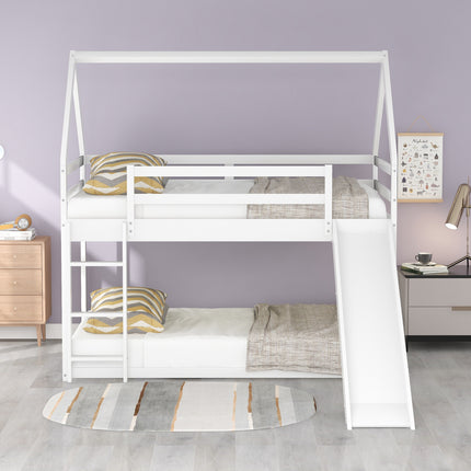 AS33- Twin Size Bunk House Bed with Slide and Ladder - Likeshoppe 