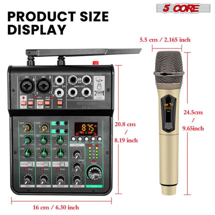 CC5- 5 Core Audio Mixer 4 Channel DJ Mixing Board Small Bluetooth USB Mezclador De Audio w Phantom Power Console for Live Recording Podcast Karaoke - MX 4CH 2MIC GLD - Likeshoppe 