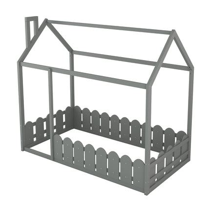 AS24- (Slats are not included) Twin Size Wood Bed House Bed Frame with Fence;  for Kids;  Teens;  Girls;  Boys - Likeshoppe 