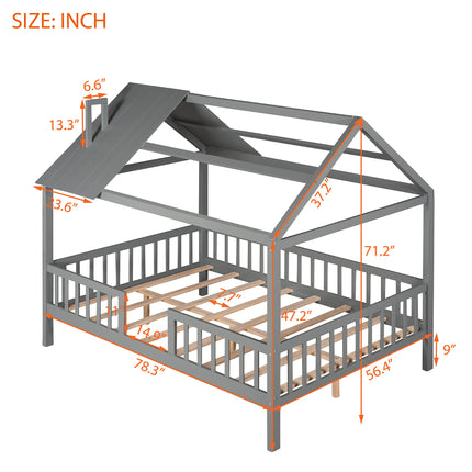 AS32- Full Size Wood House Bed with Fence - Likeshoppe 