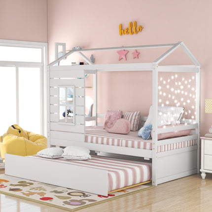 AS9- Twin Size House Bed Wood Bed with Twin Size Trundle - Likeshoppe 