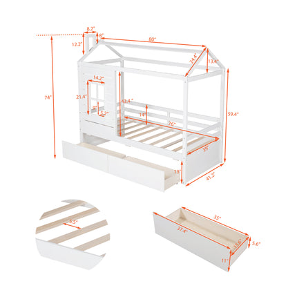 AS8- Twin Size House Bed Wood Bed with Two Drawers - Likeshoppe 