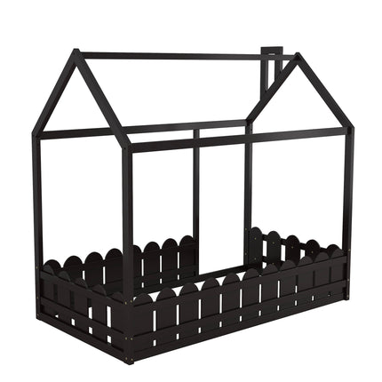 AS24- (Slats are not included) Twin Size Wood Bed House Bed Frame with Fence;  for Kids;  Teens;  Girls;  Boys - Likeshoppe 