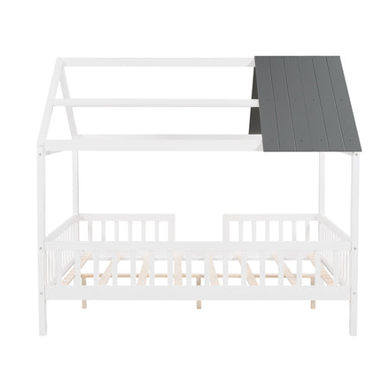 AS32- Full Size Wood House Bed with Fence - Likeshoppe 