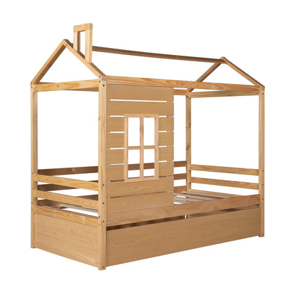 AS9- Twin Size House Bed Wood Bed with Twin Size Trundle - Likeshoppe 