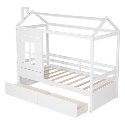 AS8- Twin Size House Bed Wood Bed with Two Drawers - Likeshoppe 