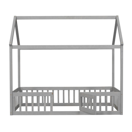 AS13- Twin Size Wood House Bed with Fence and Door - Likeshoppe 