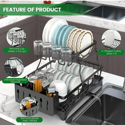 BY5- 2 Tier Dish Rack for Kitchen Counter,Dish Drying Rack with 360°Drainage,Dish Drainboard Set with Cutlery Holder and 4 Cup Holder,Dish drainers Over Sink Drying Rack On Counter - Likeshoppe 