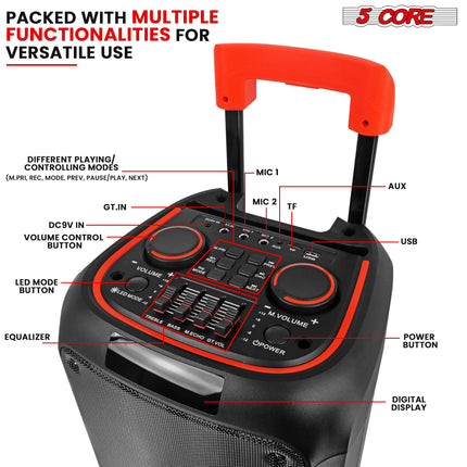 CC14- 5 Core Bluetooth Speaker Karaoke Machine • 8" 3 Way Speaker • Portable Singing PA System • w DJ Light • FM + TWS + USB + SD Card + AUX + REC • Party Speakers Include Two Wireless Mics- PLB 8X2 2MIC - Likeshoppe 