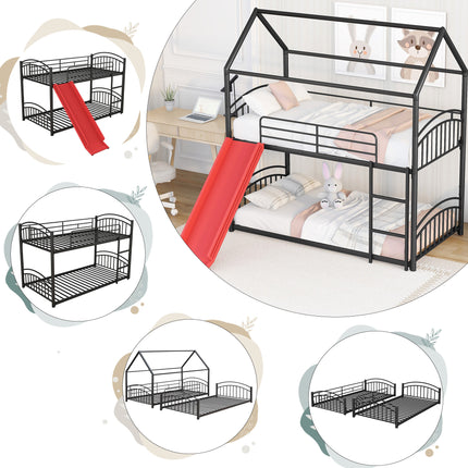 AS18-Twin Over Twin Metal Bunk Bed With Slide; Kids House Bed - Likeshoppe 