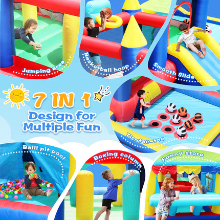 BC9-7 in 1 Inflatable Bounce House, Bouncy House with Ball Pit for Kids Indoor Outdoor Party Family Fun, Obstacles, Toddler Jump Bouncy Castle with Ball Pit for Birthday Party Gifts - Likeshoppe 