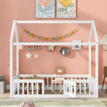 AS13- Twin Size Wood House Bed with Fence and Door - Likeshoppe 