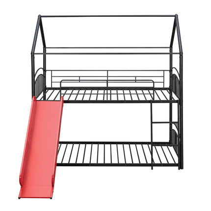 AS18-Twin Over Twin Metal Bunk Bed With Slide; Kids House Bed - Likeshoppe 