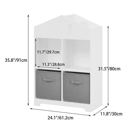 AT5- Kids Dollhouse Bookcase with Storage, 2-Tier Storage Display Organizer, Toddler Bookshelf with 2 Collapsible Fabric Drawers for Bedroom or Playroom (White/Gray) - Likeshoppe 