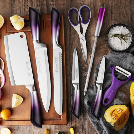 BN3- Knife Set, 9-Pieces Purple Gradient Handle Stainless Steel Chef Knife Set, Ultra Sharp Non-stick Cooking Knife Set with Acrylic Stand for Cutting Chopping Slicing Dicing - Likeshoppe 