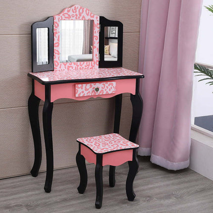 AY2- Kids' Wooden Vanity Table and Stool Set with 3 Mirrors; Princess Makeup Dressing Table; Children's Furniture - Likeshoppe 