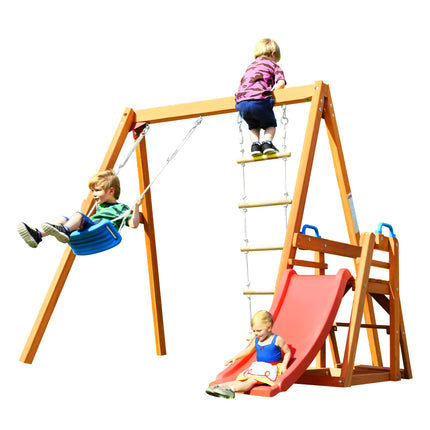 AZ3- Wooden Swing Set with Slide;  Outdoor Playset Backyard Activity Playground Climb Swing Outdoor Play Structure for Toddlers;  Ready to Assemble Wooden Swing-N-Slide Set Kids Climbers - Likeshoppe 