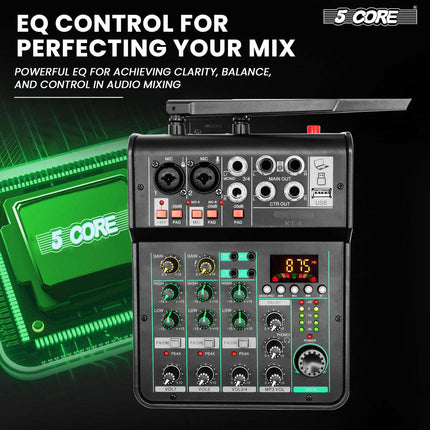 CC5- 5 Core Audio Mixer 4 Channel DJ Mixing Board Small Bluetooth USB Mezclador De Audio w Phantom Power Console for Live Recording Podcast Karaoke - MX 4CH 2MIC GLD - Likeshoppe 