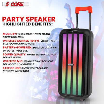 CC14- 5 Core Bluetooth Speaker Karaoke Machine • 8" 3 Way Speaker • Portable Singing PA System • w DJ Light • FM + TWS + USB + SD Card + AUX + REC • Party Speakers Include Two Wireless Mics- PLB 8X2 2MIC - Likeshoppe 