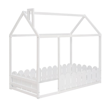 AS24- (Slats are not included) Twin Size Wood Bed House Bed Frame with Fence;  for Kids;  Teens;  Girls;  Boys - Likeshoppe 