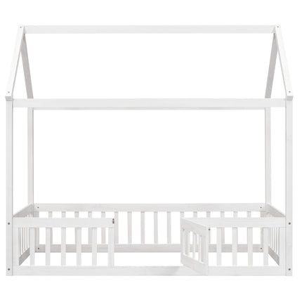 AS13- Twin Size Wood House Bed with Fence and Door - Likeshoppe 