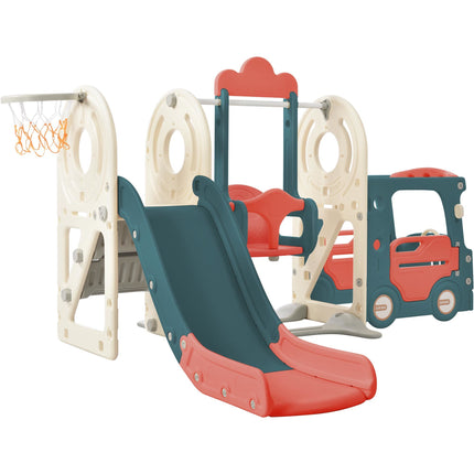 BB22- Kids Swing-N-Slide with Bus Play Structure; Freestanding Bus Toy with Slide&Swing for Toddlers; Bus Slide Set with Basketball Hoop - Likeshoppe 