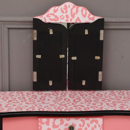 AY5- Kids Gisele Leopard Print Wooden Vanity Set with Tri-Fold Mirror Table and Chair, Pink/Black, - Likeshoppe 