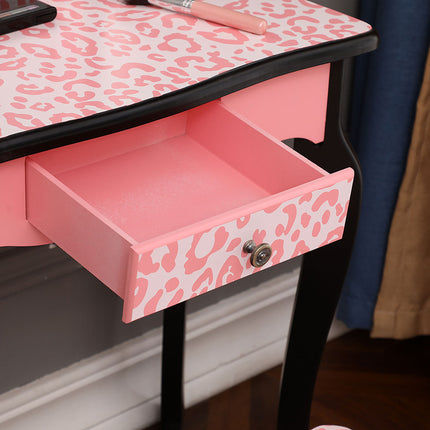AY5- Kids Gisele Leopard Print Wooden Vanity Set with Tri-Fold Mirror Table and Chair, Pink/Black, - Likeshoppe 