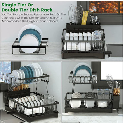 BY5- 2 Tier Dish Rack for Kitchen Counter,Dish Drying Rack with 360°Drainage,Dish Drainboard Set with Cutlery Holder and 4 Cup Holder,Dish drainers Over Sink Drying Rack On Counter - Likeshoppe 