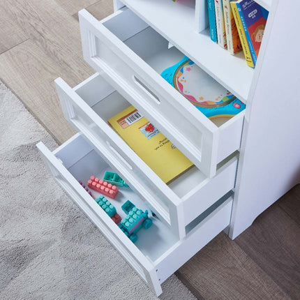 AT17- Kids Funnel White Bookcase Book Shelf Storage Unit with Book Display/Organizer Drawers - Classic White Color - Likeshoppe 