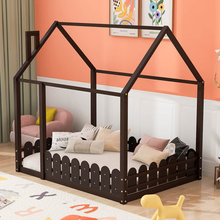 AS21- (Slats are not included) Full Size Wood Bed House Bed Frame with Fence;  for Kids;  Teens;  Girls;  Boys - Likeshoppe 