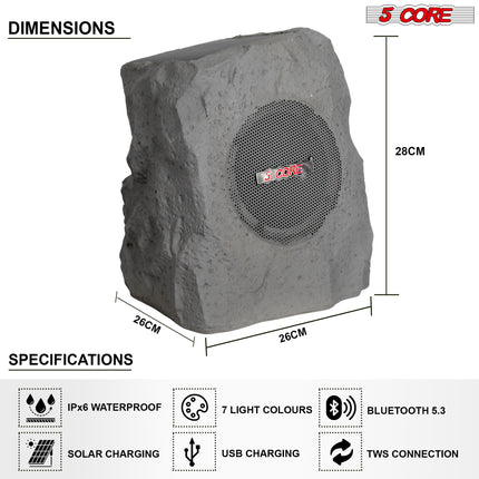CC15- 5 Core Outdoor Speakers Bluetooth Waterproof Linkable TWS 10W RMS Pool Patio Garden Wireless Subwoofer Outside Solar Rock Speaker w LED Light All Season Use - GRDNSPK SP GRY - Likeshoppe 
