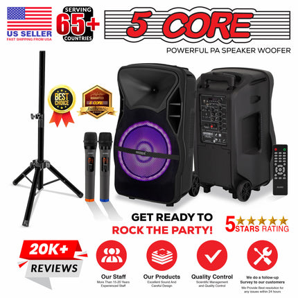 CC9- 5 Core DJ speakers 12" Rechargeable Powered PA system 500W Loud Speaker Bluetooth USB SD Card AUX MP3 FM LED Ring - ACTIVE HOME 12 2-MIC - Likeshoppe 