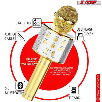 CC19- 5 Core Karaoke Wireless Microphones Bluetooth • w Stereo Mic Speaker • Portable Recording Microfono Inalambrico • SD Card & USB • Gifts Music Toys for Kids and Adults All Age- WM SPK GLD - Likeshoppe 