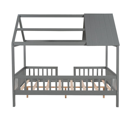 AS32- Full Size Wood House Bed with Fence - Likeshoppe 