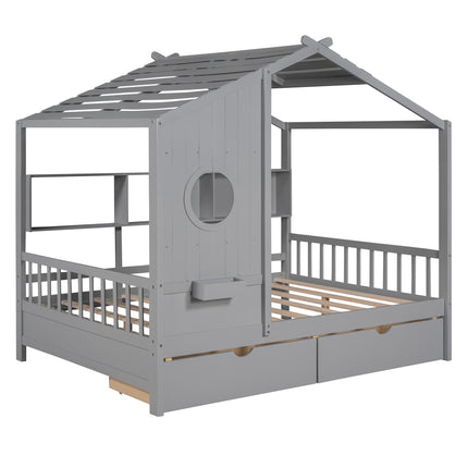 AS37- Wooden Full Size House Bed with 2 Drawers,Kids Bed with Storage Shelf - Likeshoppe 