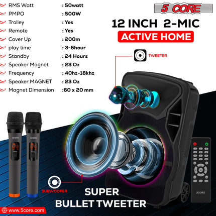 CC9- 5 Core DJ speakers 12" Rechargeable Powered PA system 500W Loud Speaker Bluetooth USB SD Card AUX MP3 FM LED Ring - ACTIVE HOME 12 2-MIC - Likeshoppe 
