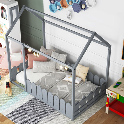 AS24- (Slats are not included) Twin Size Wood Bed House Bed Frame with Fence;  for Kids;  Teens;  Girls;  Boys - Likeshoppe 