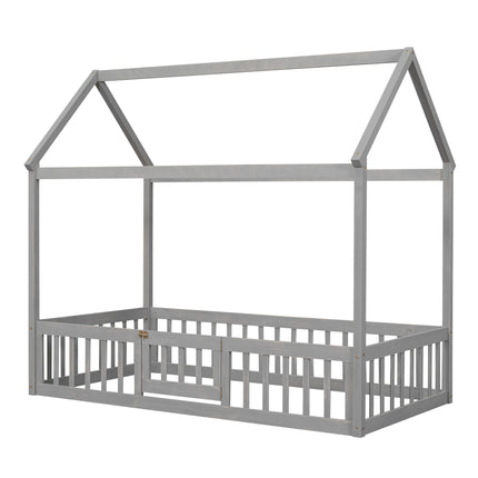 AS13- Twin Size Wood House Bed with Fence and Door - Likeshoppe 