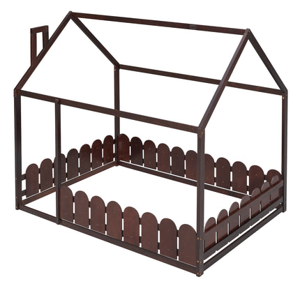 AS21- (Slats are not included) Full Size Wood Bed House Bed Frame with Fence;  for Kids;  Teens;  Girls;  Boys - Likeshoppe 