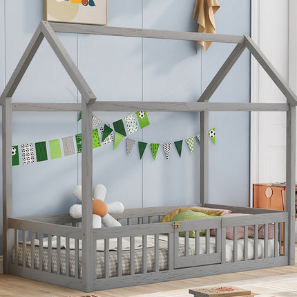 AS13- Twin Size Wood House Bed with Fence and Door - Likeshoppe 