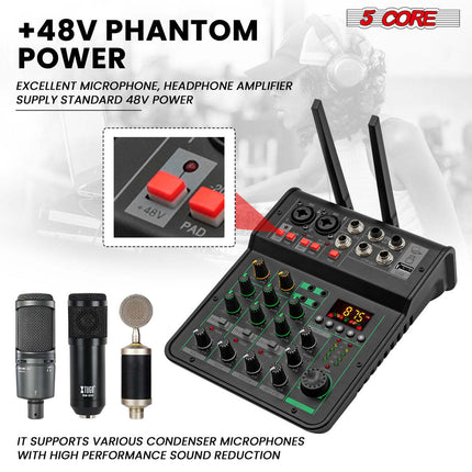 CC5- 5 Core Audio Mixer 4 Channel DJ Mixing Board Small Bluetooth USB Mezclador De Audio w Phantom Power Console for Live Recording Podcast Karaoke - MX 4CH 2MIC GLD - Likeshoppe 